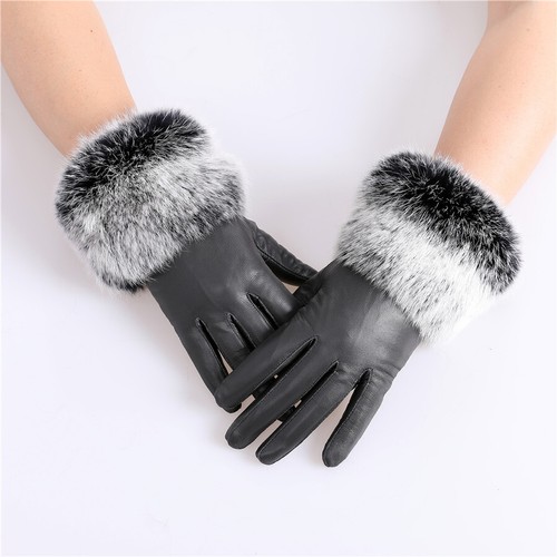 Women's Genuine sheepskin leather Gloves Winter Warm rabbit fur trim - Bild 2 von 8