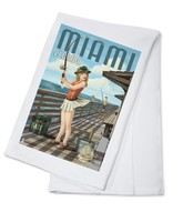 Miami, Fl - Pinup Girl Fishing - Lp Artwork (100% Cotton Towel Absorbent) Miami, Fl - Pinup Girl Fishing - Lp Artwork (100% Cotton Towel Absorbent)