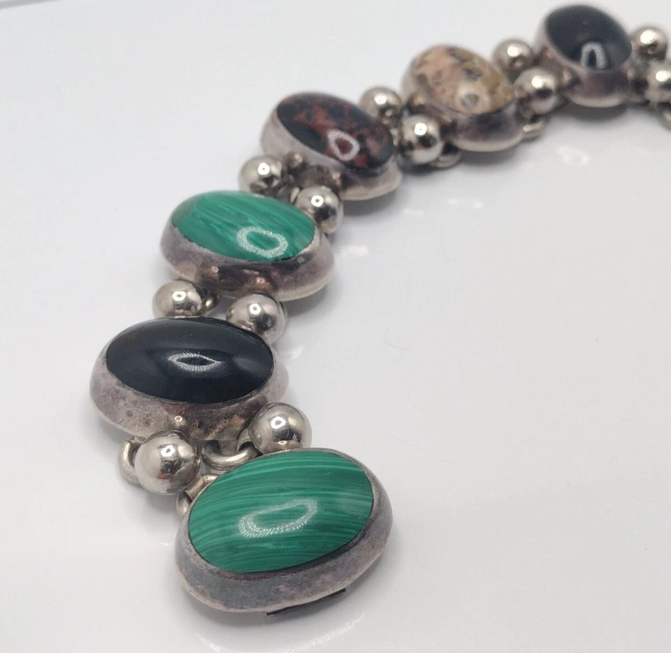 Pulseira cabochão muito pesada grande México TL-17 esterlina 925 incrustada pedra preciosa 75g - Imagem 2 de 4