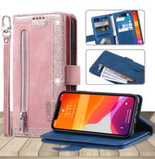Men Women Leather Flip Wallet Zipper Card Magnetic Phone Case Cover with Strap