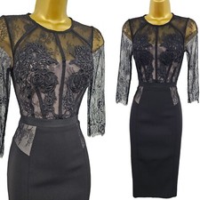 Karen Millen 14 UK Black Floral Embroidered Lace Pencil Dress Wedding Guest Y2K
