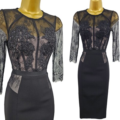 Karen Millen 12 UK Black Floral Embroidered Lace Pencil Dress Wedding Guest Y2K
