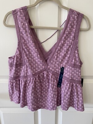 NWT Lucky Brand M Top Purple Geo Lace Trim V Neck Front & Back Sleeveless