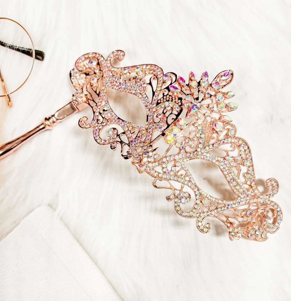 Masquerade Mask with Stick, Luxury Crystal Mask, Rhinestone Rose Gold Mask - Image 4 of 4