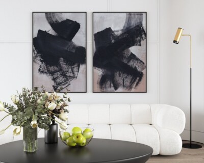 Abstract Paint Strokes Art Set of 2 Black and Beige Modern Wall Art Picture Home