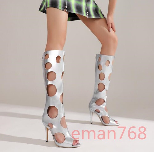 Botas de Verano para Mujer Sexy Estilo Romano Hasta la Rodilla Huecas Sandalias Botas Tacones - Imagen 4 de 17