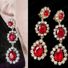 CLIP ON 8cm BIG AUSTRIAN CRYSTAL long drop EARRINGS red gold SPARKLY GLASS