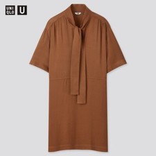 Women UNIQLO U Crepe Bow Tie Half Sleeve Dress XXS Brown (Oversized)