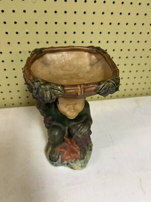 BRAmbles モスグリーンテディベア　アンティーク Vintage Ceramic Monkey w/Basket on Head W/Grapes 9