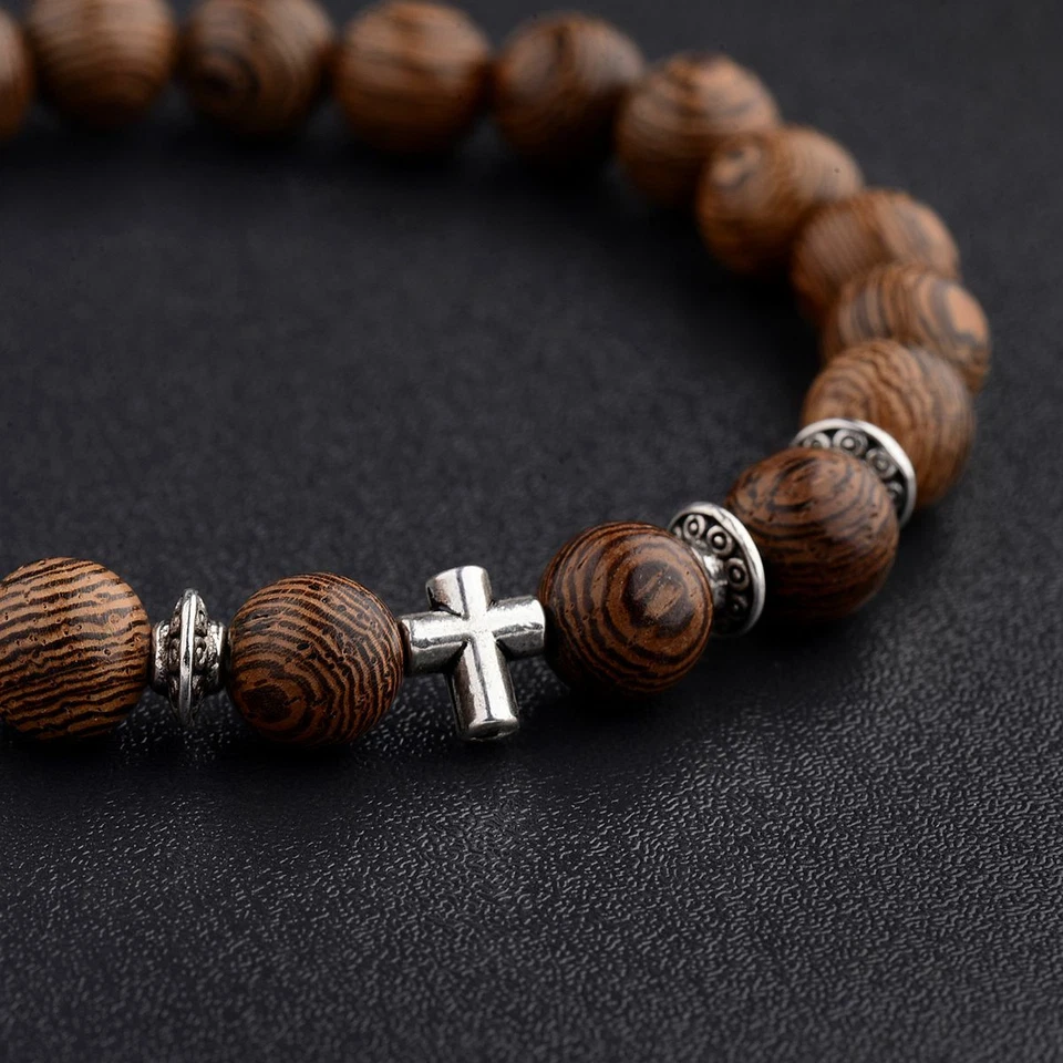 Pulsera Cruz de Cristo Sándalo Cuentas de Madera Jesús Biblia Cristiana Fe Regalo EE. UU. Foto 4 de 4