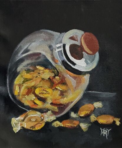 YARY DLUHOS Still Life Candy Jar Kitchen Holiday Sweet Original Art Oil Painting - Picture 1 of 17