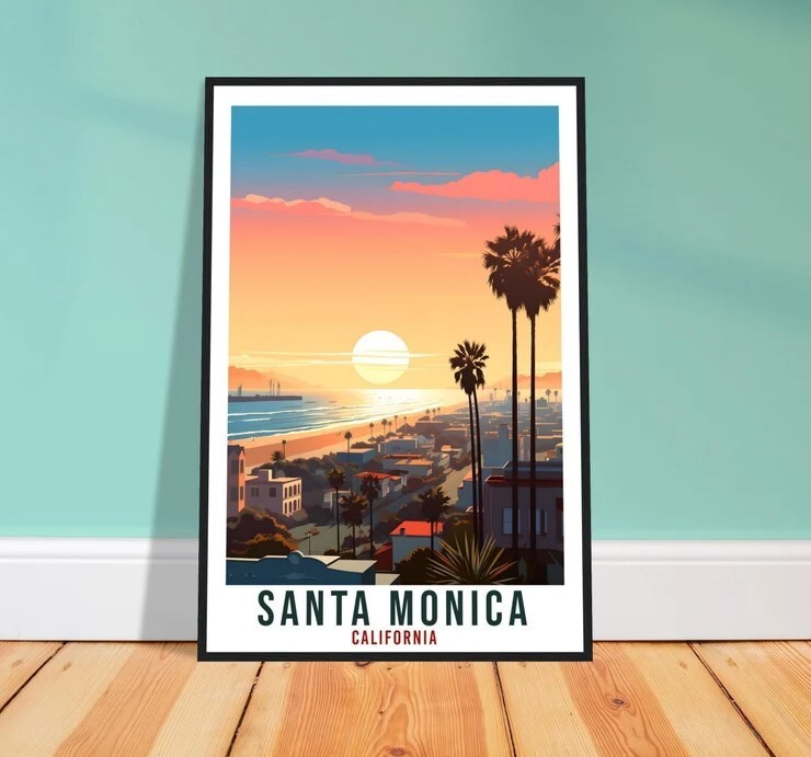 Santa Monica Travel Poster California Beach Home Decor USA Wall Art