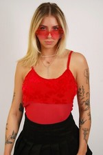 Sheer Mesh Cami S vintage 70s red velvet flocked small