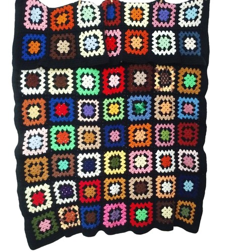 Vintage 70s Granny Square Crochet Afghan Blanket Bedspread Throw 66x50 Black