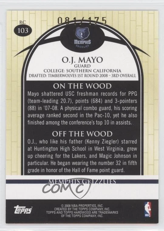 2008-09 Topps Hardwood Maple Wood /175 OJ Mayo (Shooting) #103 Rookie RC - Image 2 of 2