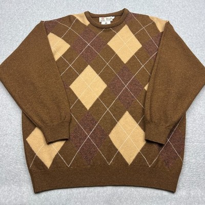 VTG Pringle of Scotland Sweater Men's Large 100% Lambswool Argyle Brown Pullover