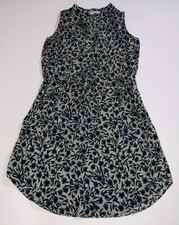 Loft Women’s Size XS Beige w/Blue Floral V-Neck Shift Dress Waist Tie