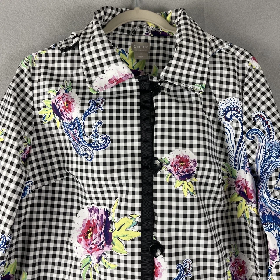 Chicos Hooded Rain Jacket Womens Large 2 Gingham Floral Full Zip Removable Hood - Изображение 2 из 4