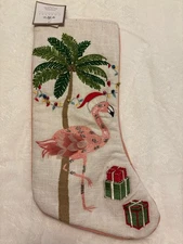 COASTAL COLLECTION BEACH HOUSE DECOR "FLAMINGO PALM TREE" Christmas Stocking NWT