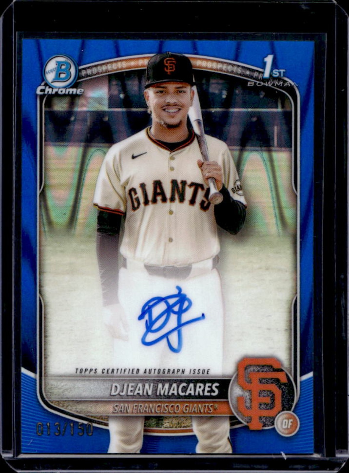 2025 Bowman Chrome Djean Macares Auto Blue RayWave Refractor 1st Prospect #/150