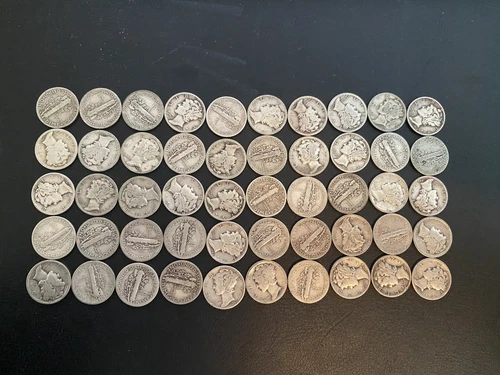 50 Mercury Dimes 90% Sliver. Various Years and Mint Marks. Circulated.