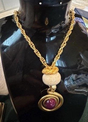 Vintage Robert Rose Gold Tone Statement Pendant Necklace Purple Round Stone 32in