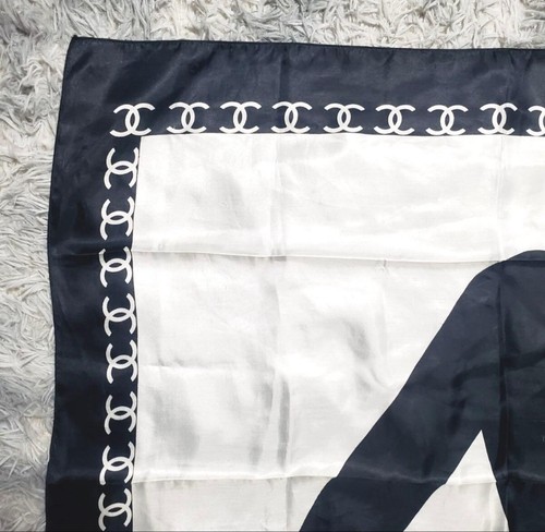 Vintage CHANEL Silk Scarf Mademoiselle Design Black & White Used - Picture 5 of 8