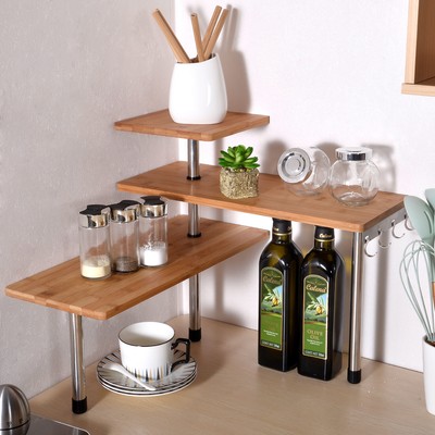 3 Tier Bamboo Corner Shelf Unit Stainless Steel Kitchen Office