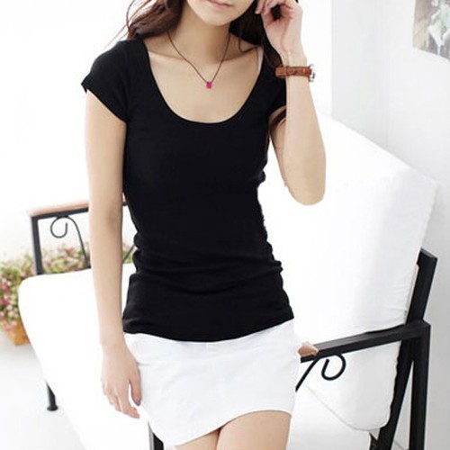 T-shirt donna cotone manica corta tinta unita slim stretta base tinta unita strato camicie top - Foto 2 di 12