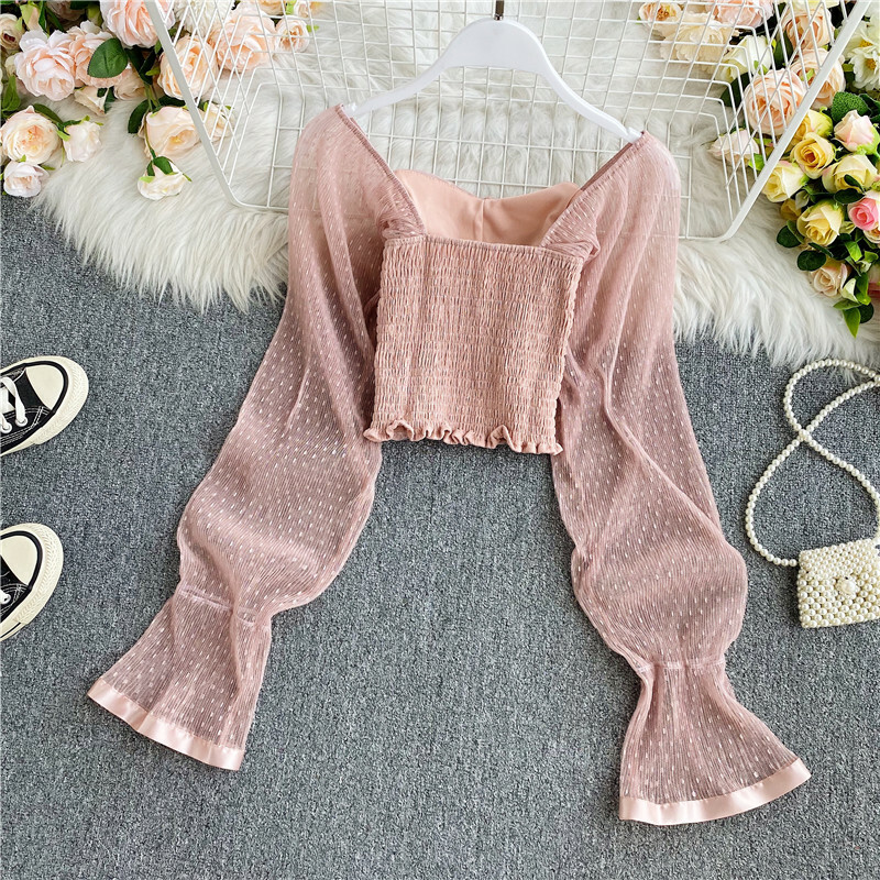Women Dot Chiffon Mesh Cropped Tops Blouses Flared Sleeve Slim Chic Elegant image 6