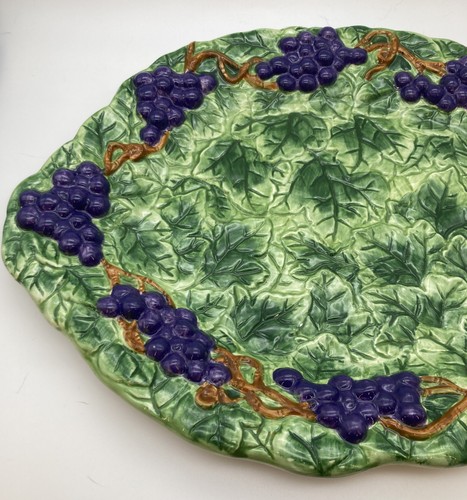 Vintage Ceramic Grapes And Grape Leaves Oval Platter Hunter Green And Purple - Picture 4 of 6