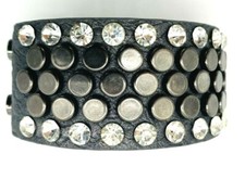 Ladies Gray Leather Rhinestone  Black Studded Adjustable Bling Bracelet