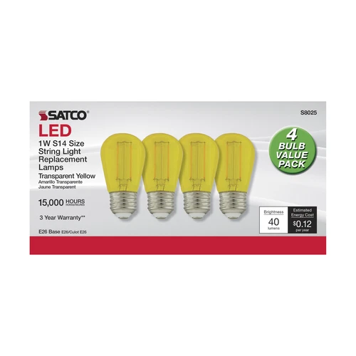 4 Pack Satco S8025 LED Filament 120V 1W =11W S14 Medium E26 Transparent Yellow - Picture 6 of 7
