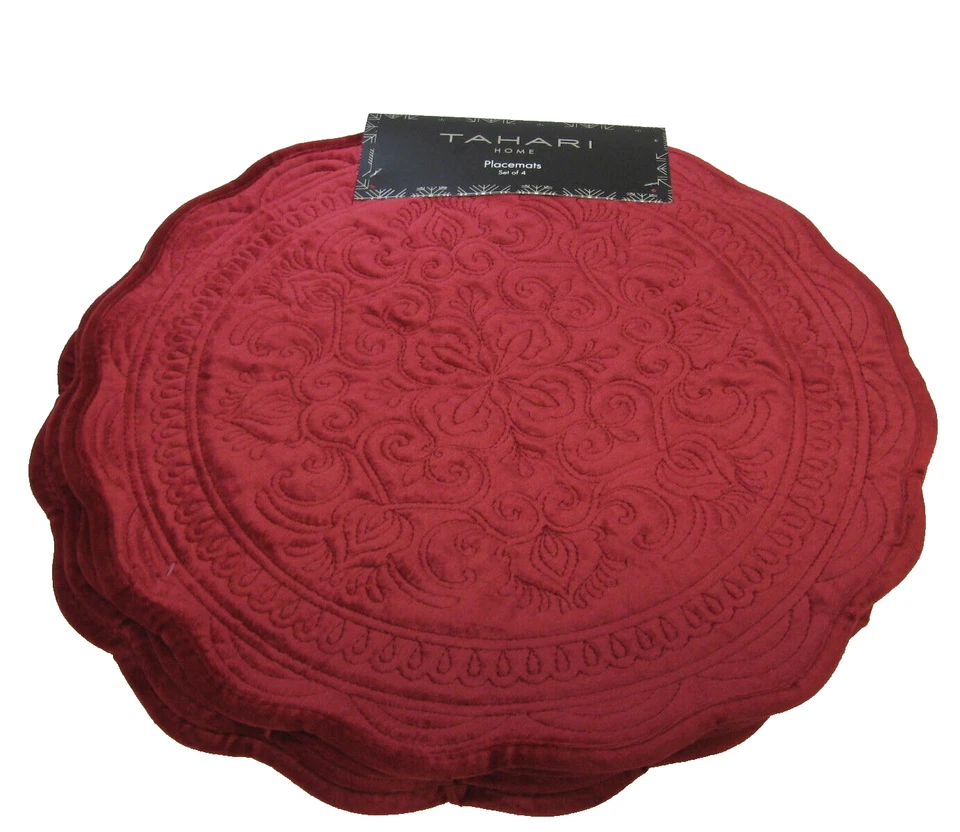 Set / 4 Tahari Home Quilted Velveteen Placemats 16" Round Red