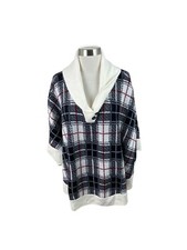 Talbots NEW Ivory Black Red Plaid Lambswool V Neck Cape Sweater Size M