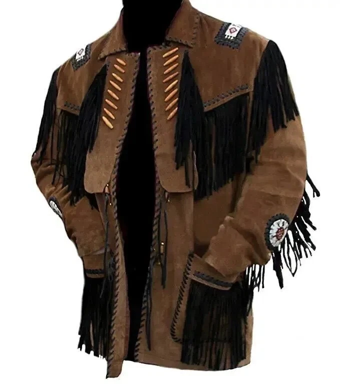 Men American Classic Style Western Cowboy Suede Leather Jacket Fringe & Beaded