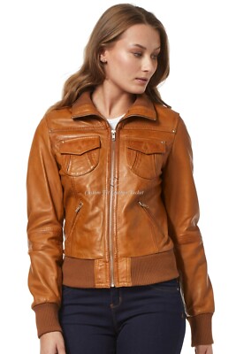 Damen Bomber Lederjacke HELLBRAUN WACHS MOTORRAD STYLE ECHT LEDER JACKE 3758