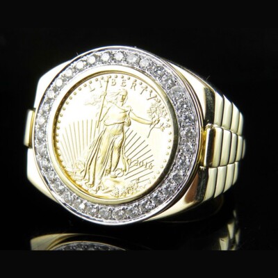0.75 Ctw Real Moissanite 14K Yellow Gold Plated American Eagle/Liberty Coin Ring
