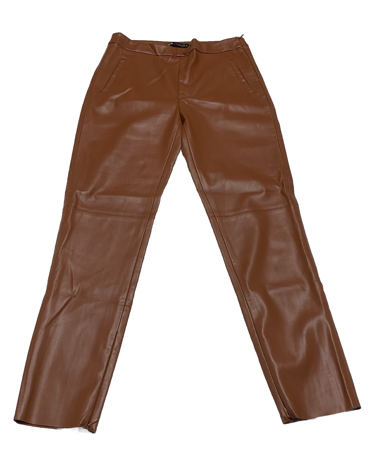 Zara Faux Leather Sz Large  Ankle Length Pants Cut Hem Side Zippers 29 x 27.25