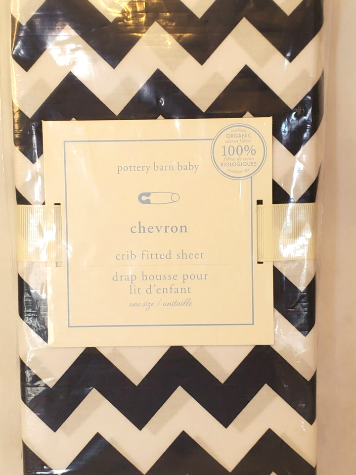 New Pottery Barn Kids Navy White Chevron Cotton Fitted Crib Bed Sheet