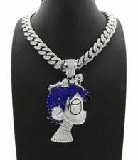 Silver PT LIL UZI VERT Cartoon Pendant  16" 18" 20" Iced Cuban Chain Necklace