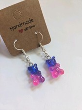 Handmade Dark Blue And Pink Dangle Drop Haribo Gummy Bear Earrings Silver Plated