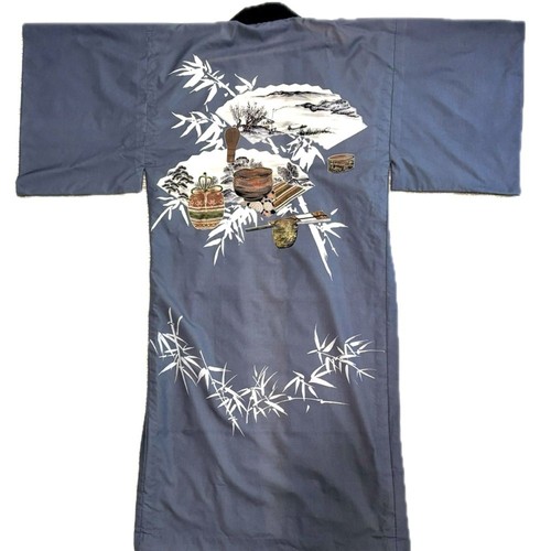 Vintage Japanese Traditional Mens Yukata Kimono Robe OS Fan Tea Bamboo Print