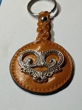 Brown Leather Braided Key Chain Keyring w/ Silver Tone Heart Metal Charm