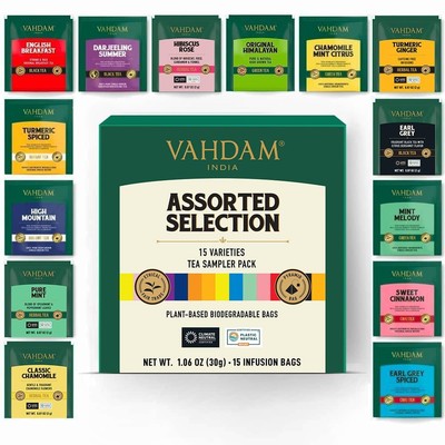 VAHDAM, Assorted Tea Sampler (15 Different Variety in Individually Wrapped