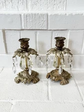 VTG Hollywood Regency Crystal/Glass Gold Cast Metal Candlesticks Holders MCM Set
