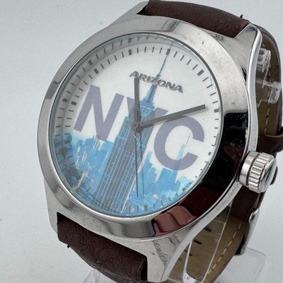 Arizona NYC Quartz Watch Men Silver Faux Leather Japan Movt Analog New Battery