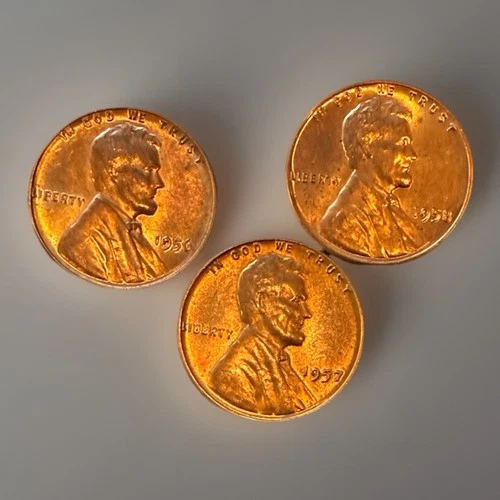 1956–1958 Lincoln Wheat Cents (3 Coin Set) AU/UNC Original Red-Brown