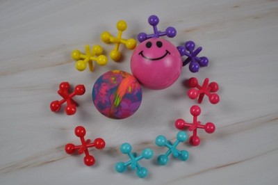 Vintage Plastic Jacks set of 10 Colored  Jax with Ball