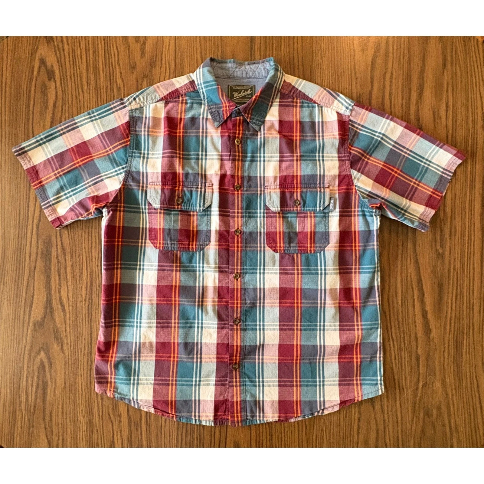 Woolrich Mens Button Up Shirt Large Red Blue Plaid Short Sleeve Ripstop Cotton